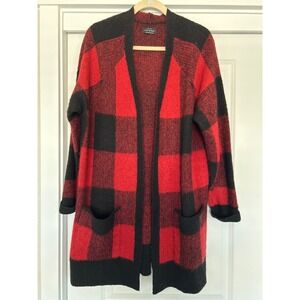 Lucky Brand Womens Red Black Buffalo Plaid Longline Granny Cardigan Sweater XL